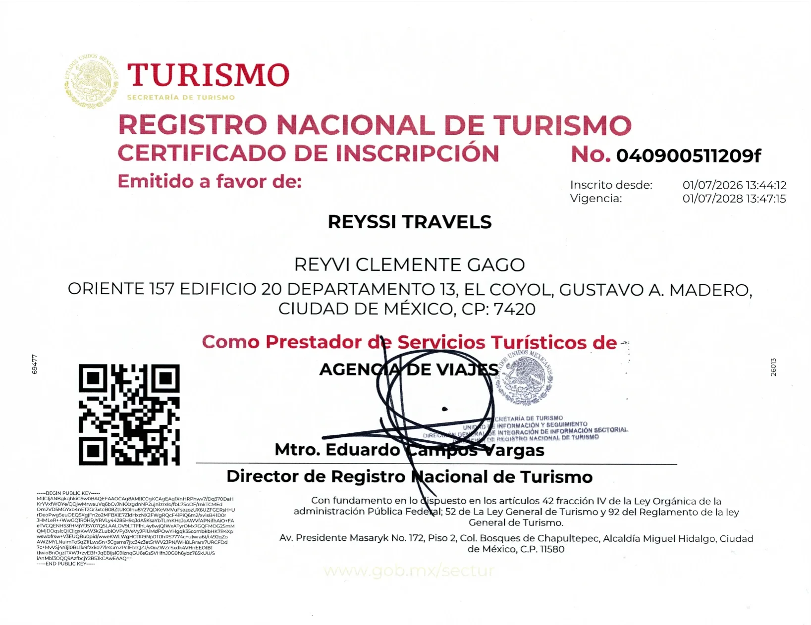 Certificado de inscripción en el Registro Nacional de Turismo No. 04090051209f a favor de Reyssi Travels, agencia de viajes